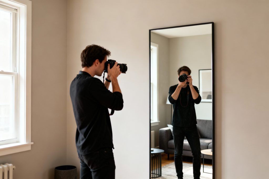 Indoor scene showing a photographer practising camera technique in front of a large wall mirror, holding a DSLR while watching their own reflection, demonstrating mirror practice exercise. Checking your posture in a mirror