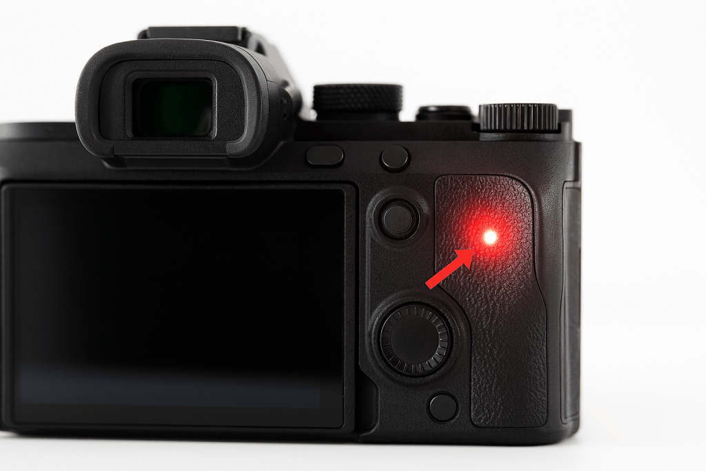 Back view of a modern mirrorless camera with a bright red LED light blinking near the memory card slot, indicating activity, clean product photography style