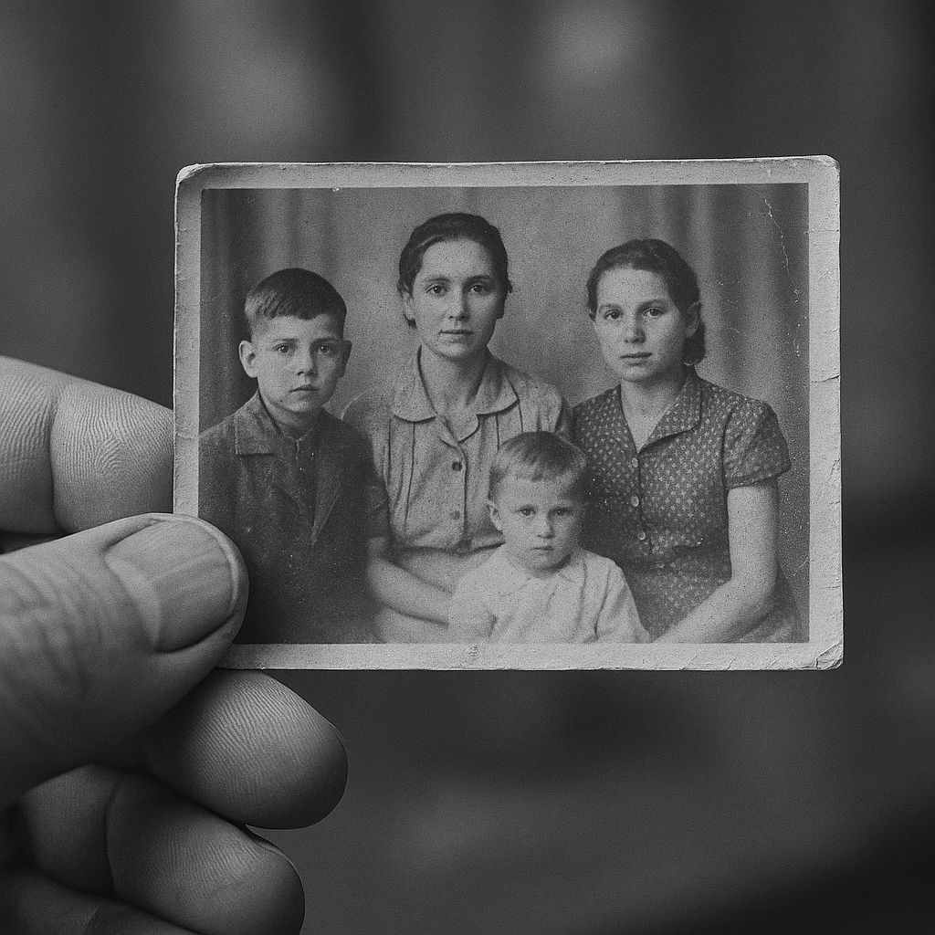 Black and white image of fingers holding a faded family photograph, showing photography's role in preserving memories