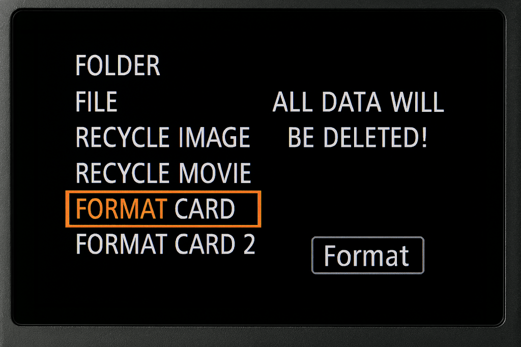 Camera LCD screen showing format menu option highlighted, with warning message about deleting all data. Clean screengrab style with clear text visible