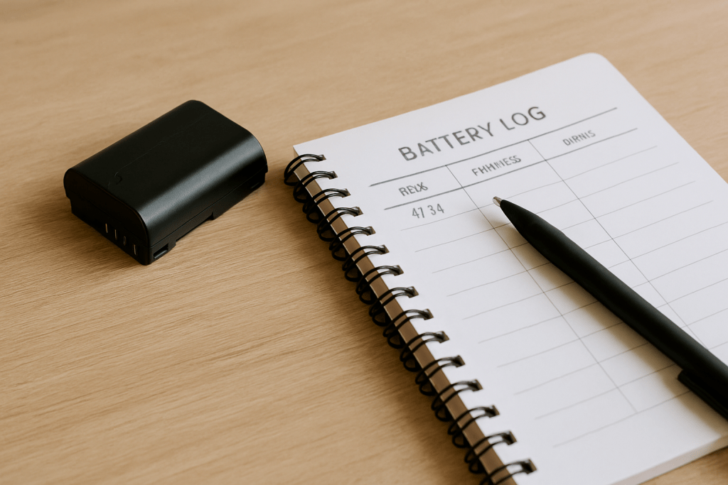Camera battery and notebook with pen on wooden table, showing someone logging battery performance, methodical and educational