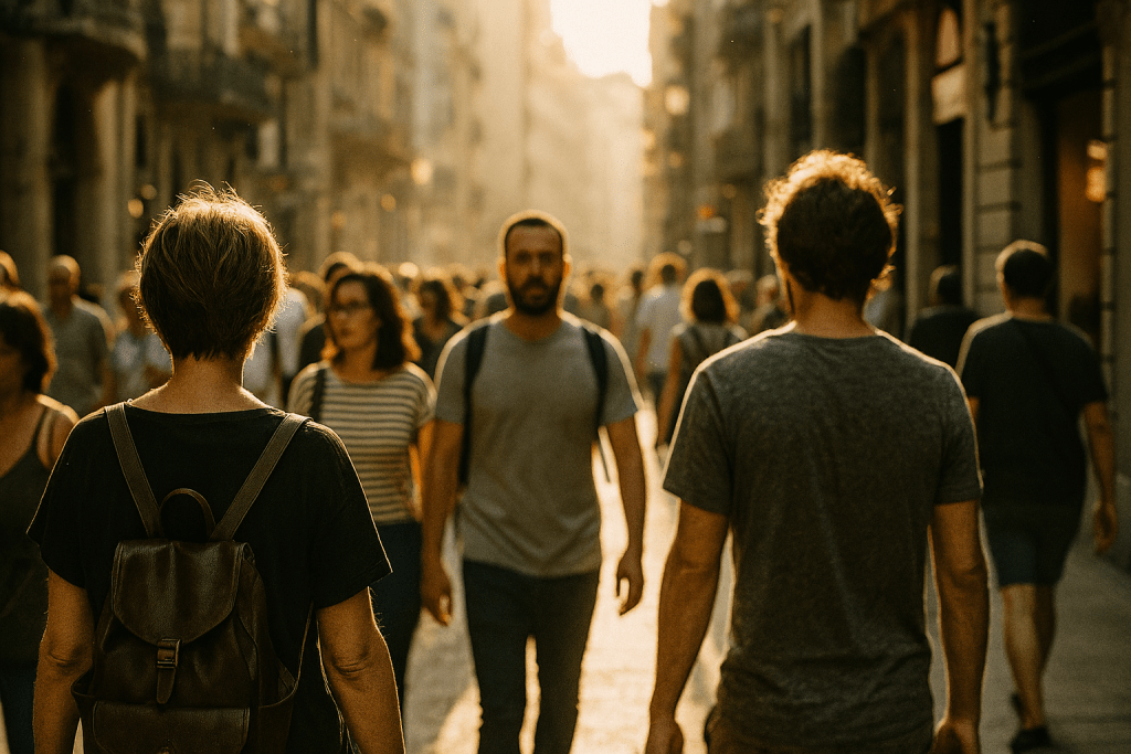 Candid street photography of people walking through a sunlit city street, showing photography as documentary storytelling
