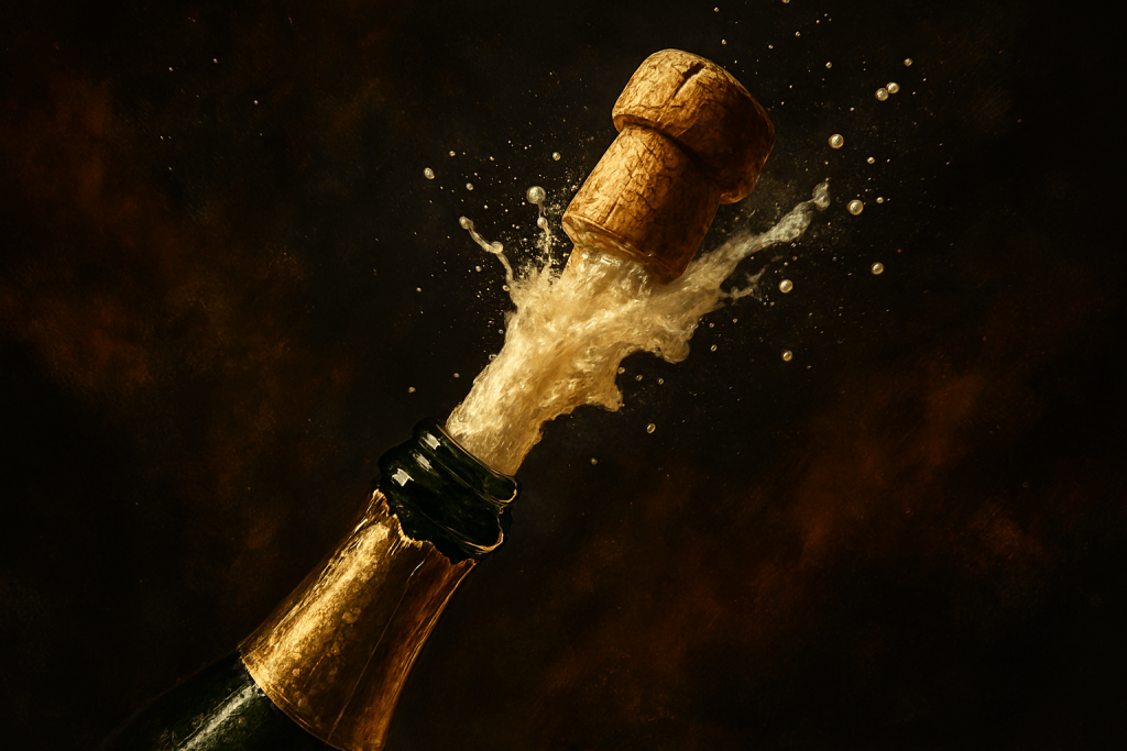 Champagne cork popping with foam spilling, frozen motion, celebratory mood, dramatic lighting, conveying surprise and joy without faces