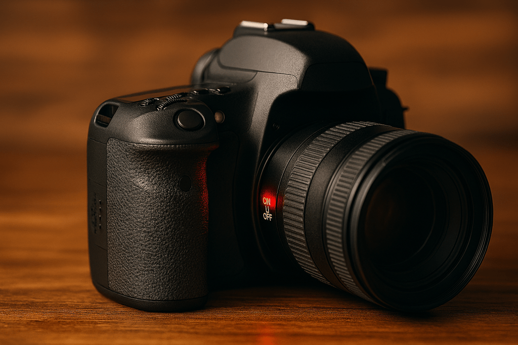 Classic DSLR camera on a wooden table, power switch clearly visible around the shutter button, warm ambient lighting, lifestyle photography style