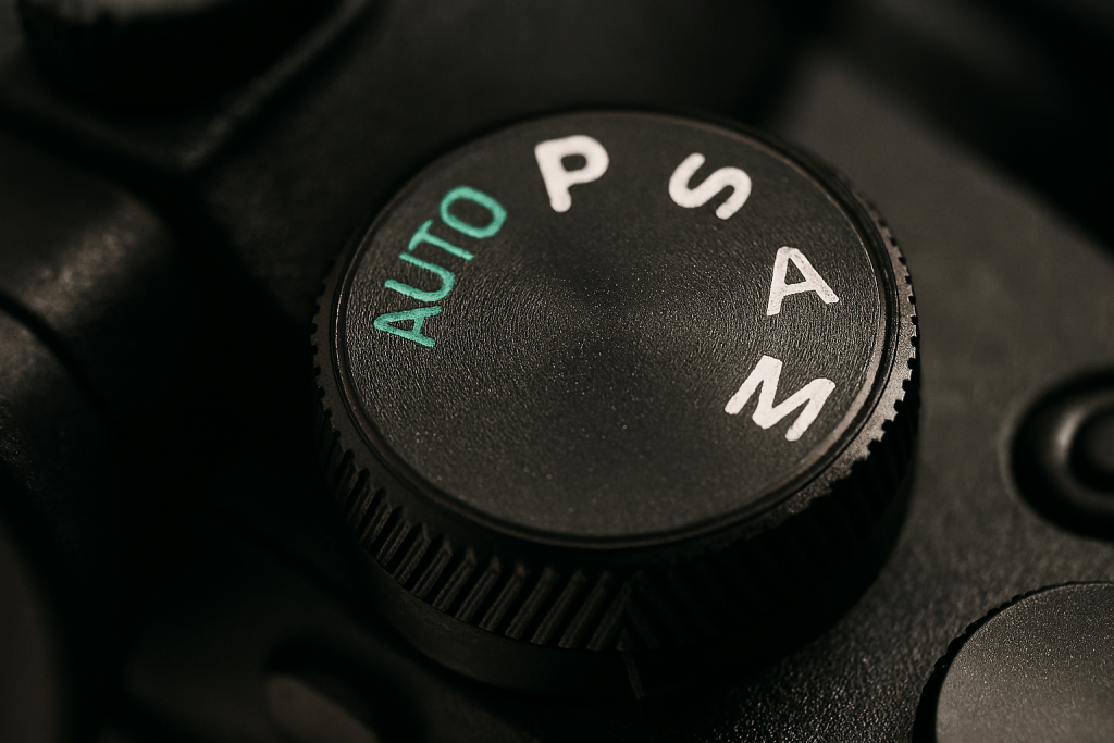 Close-up of a camera mode dial showing AUTO, P, S, A, M settings, with clear markings and good lighting, educational product photography