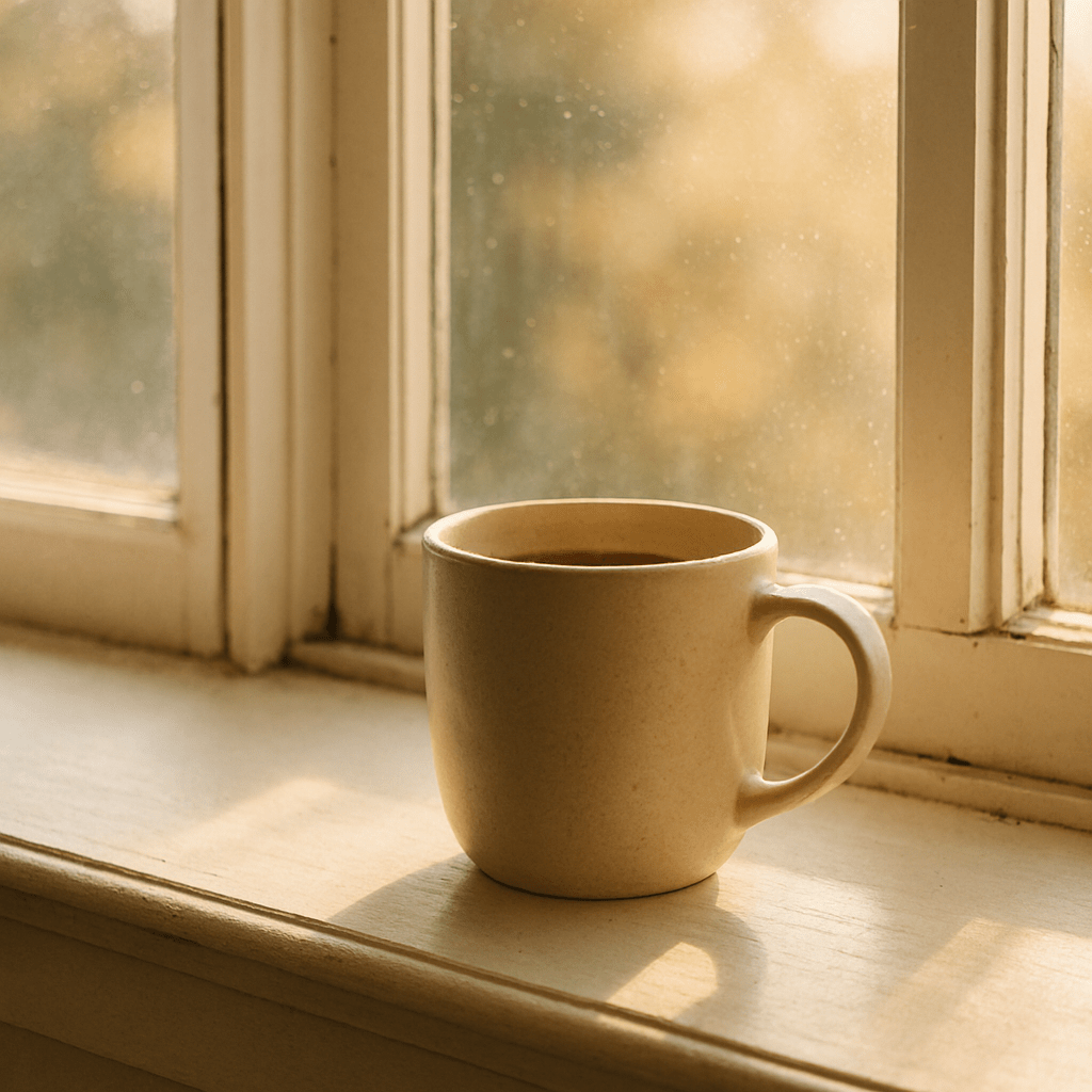 Close-up of a coffee mug on a window sill with morning light streaming in, shallow depth of field, warm and ordinary moment captured simply, lifestyle photography style