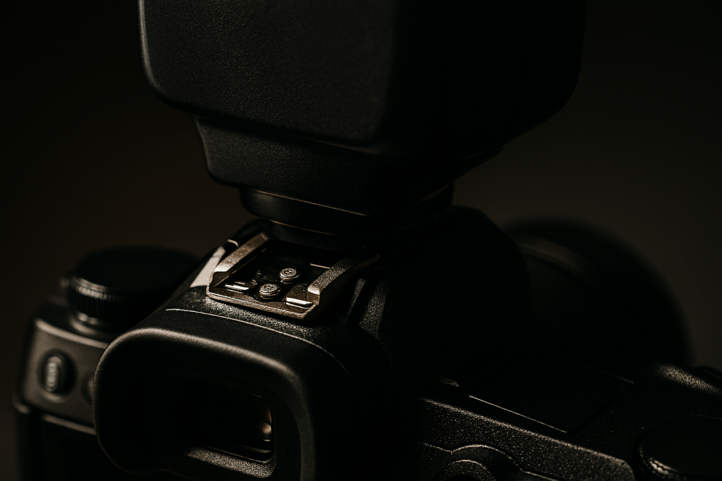 Close-up of a camera hot shoe with a speedlight flash attached, showing the metal contacts, professional product photography with dramatic side lighting