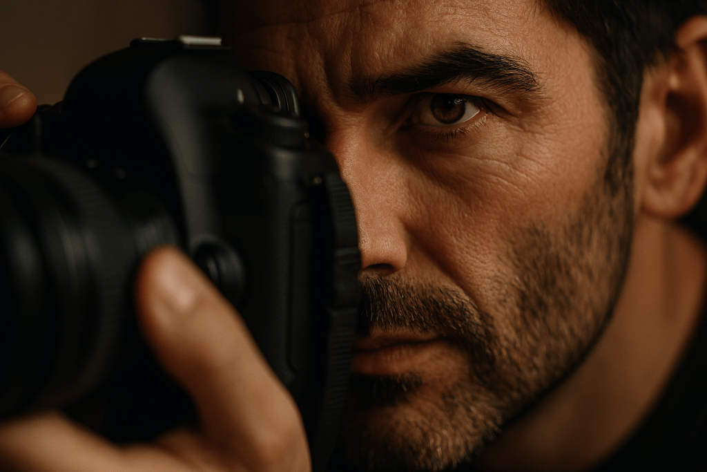 Close-up of a photographer's eye looking through a camera viewfinder, showing the photographer not the camera is what matters, intimate and focused mood