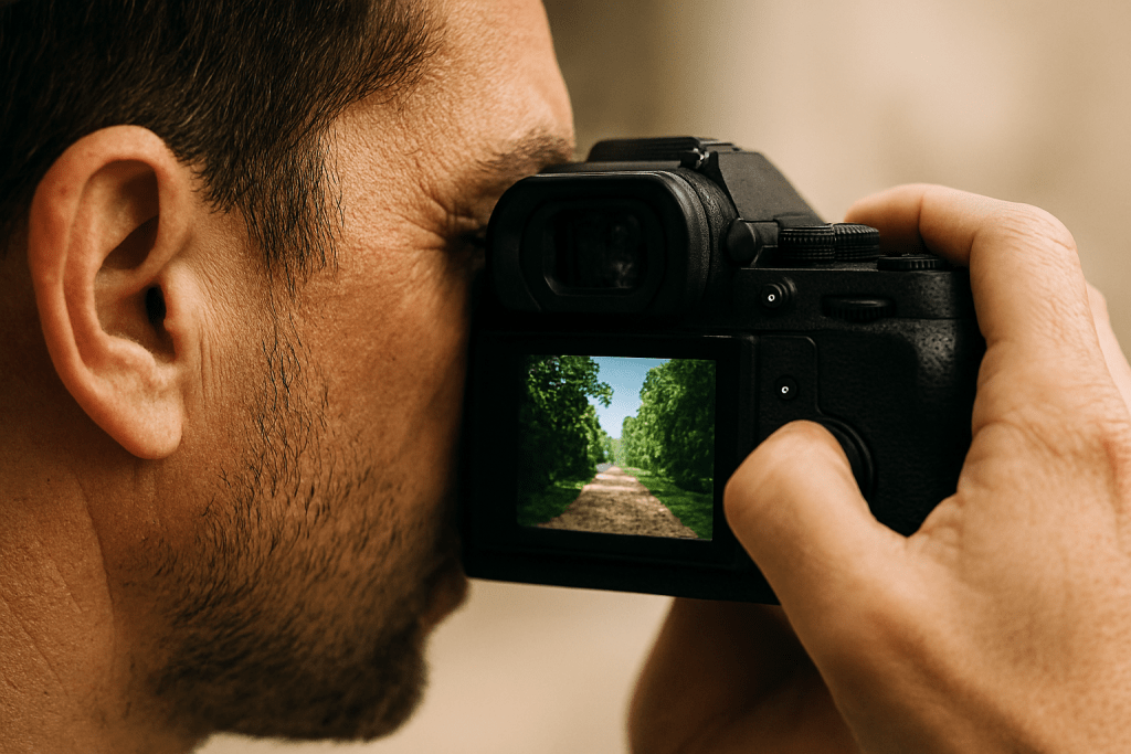 Close-up of a photographer looking through a camera viewfinder, with the scene visible in the viewfinder display, showing how it works, natural and candid