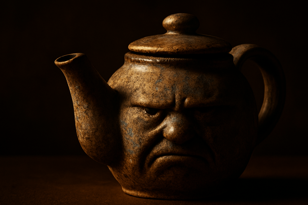 Close-up of an old ceramic teapot with dramatic side lighting creating strong shadows, giving it character and personality, like a portrait of a grumpy person
