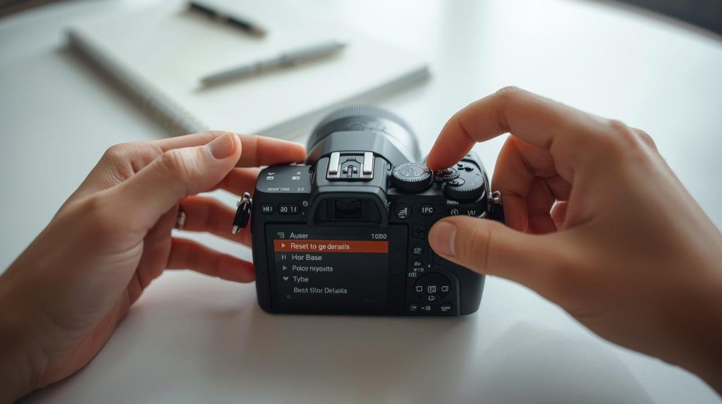 Close-up of hands resetting a camera menu to factory defaults, camera on a flat surface, indoor table setting with notebook and pen visible in background, soft natural lighting, showing the reset challenge exercise. Camera is a modern mirrorless model.