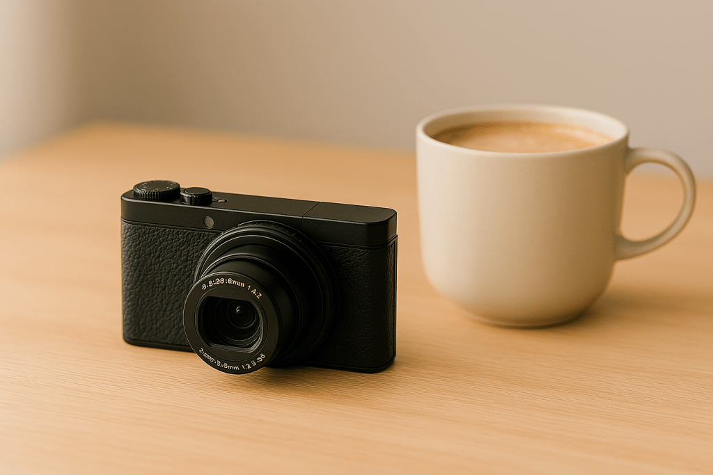 Compact camera with zoom lens extended, sitting on a wooden table next to a coffee cup, showing its small portable size, lifestyle product photography