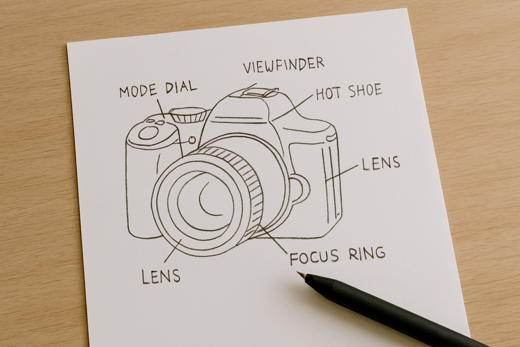 Hand-drawn sketch of a DSLR camera with labelled parts, showing the gear sketch exercise, educational and simple, photographed on a wooden desk