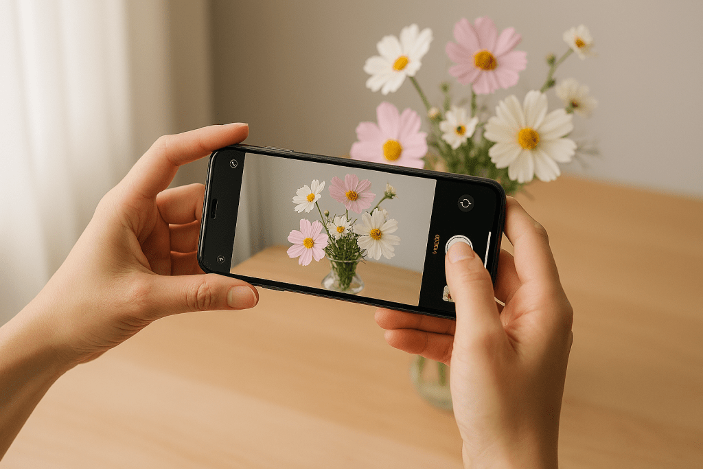 Hands holding a smartphone taking a photo of flowers in a vase, showing smartphone photography in action, natural window light, lifestyle photography
