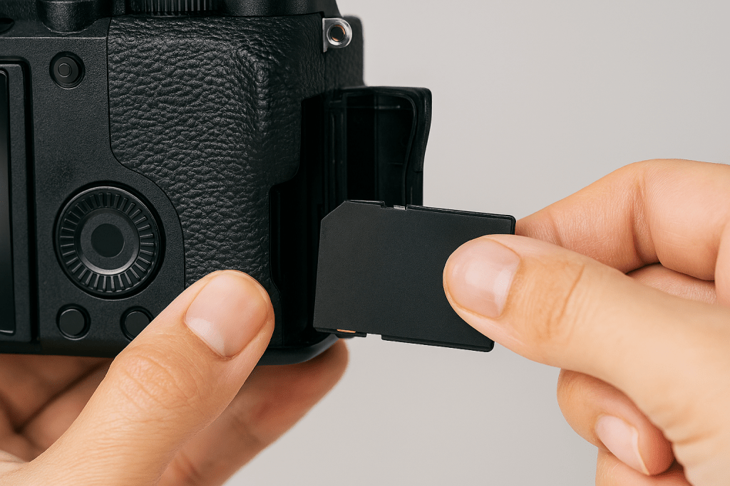 Hands inserting an SD card into a camera's side slot. Close-up shot showing correct orientation, bevelled corner alignment, clean product photography style with neutral background