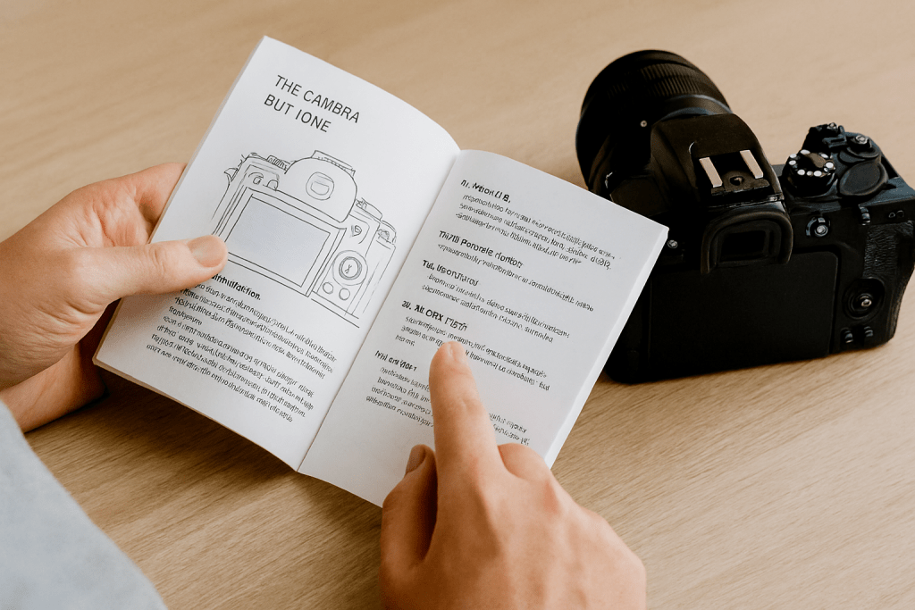 Close-up of hands holding a camera manual open next to a camera, showing someone learning button functions, educational and focused