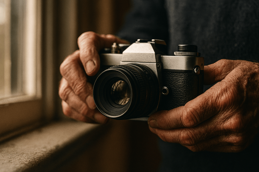 Close-up of weathered hands holding a vintage film camera with soft window light, showing the tactile nature of photography