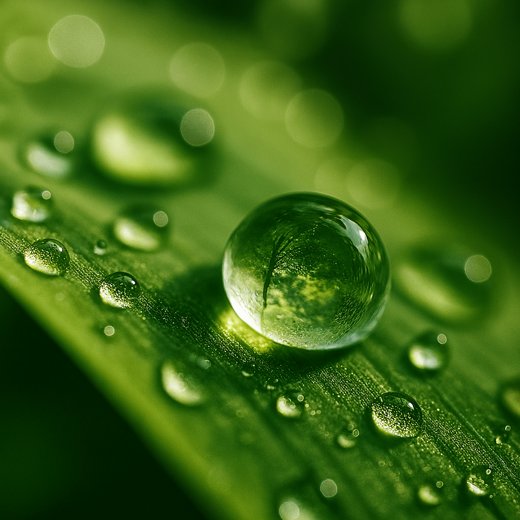 A Macro photograph of water droplets on a green leaf with reflections inside, showing how photography reveals hidden beauty