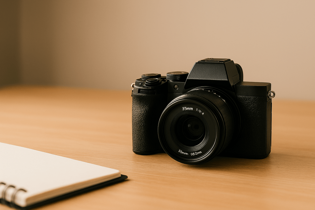 Modern mirrorless camera with 35mm lens attached, sitting on a photographer's desk next to a notebook, showing professional quality in compact form
