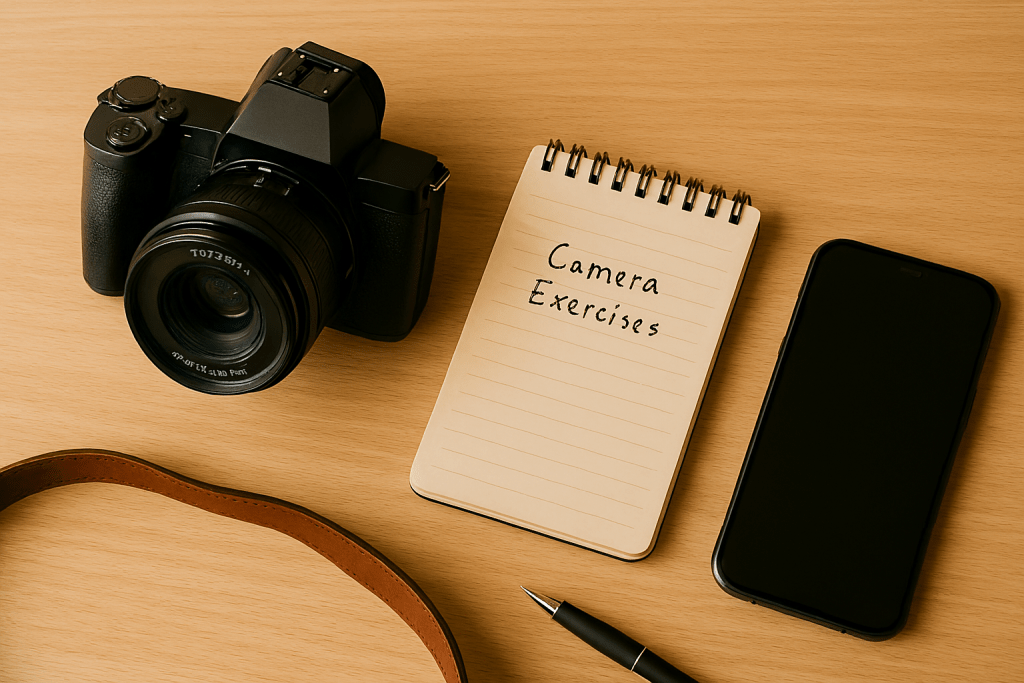 Overhead view of a camera, smartphone, notepad and pen on a wooden desk, showing setup for learning camera exercises, soft natural light