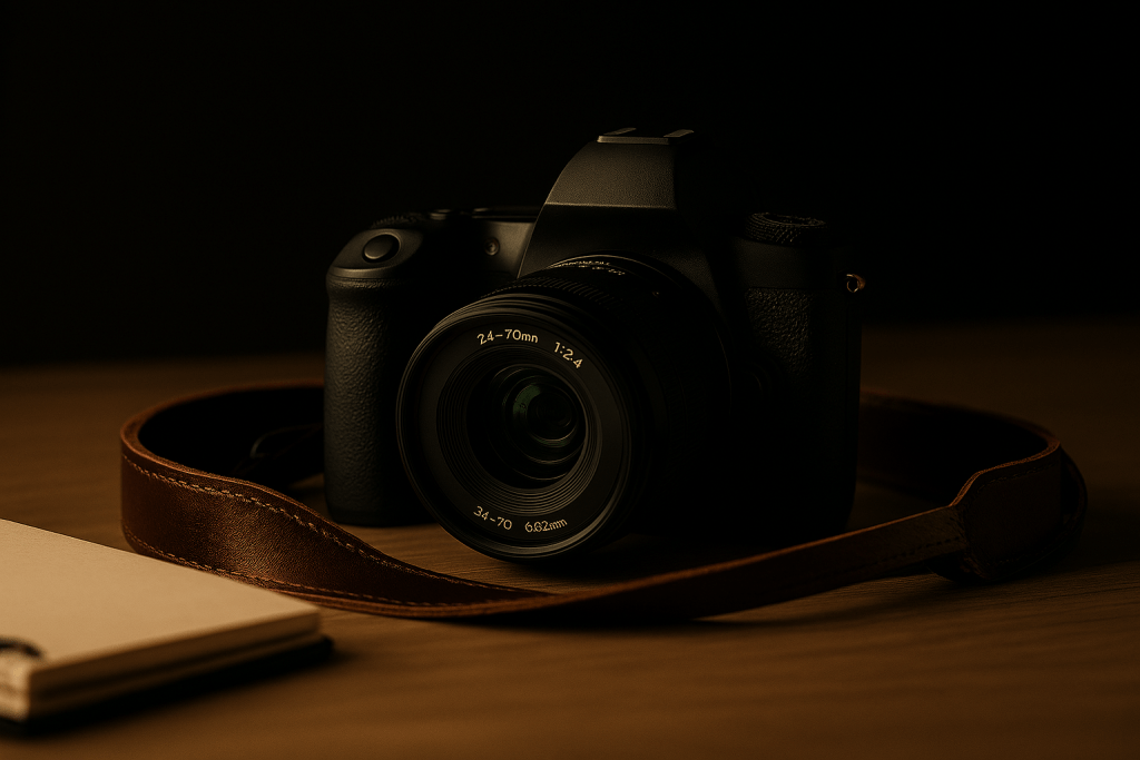 Professional DSLR camera with 24-70mm lens on a leather camera strap, showing robust build and traditional design, product photography with dramatic lighting