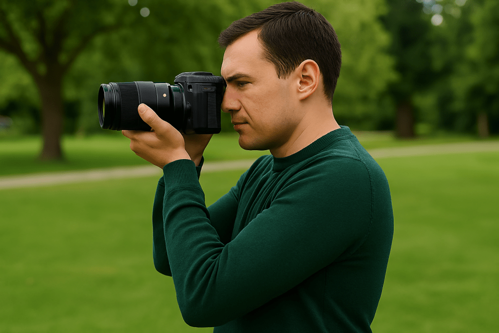 Side view of a person holding a DSLR camera with elbows tightly tucked against their torso, standing in a park setting, showing proper camera stabilisation technique. Tucking your elbows makes a huge difference
