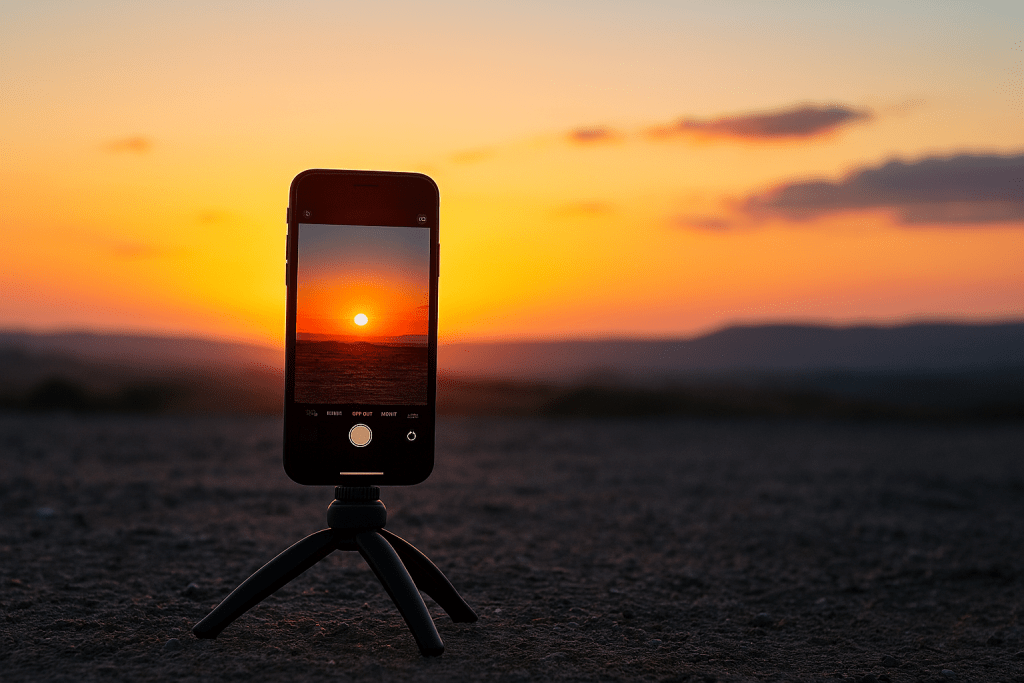 Smartphone mounted on a small tripod capturing a sunset, showing that good photography does not require expensive gear