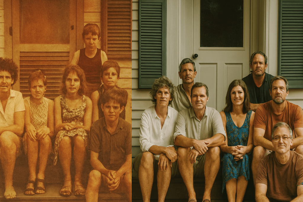 Split image showing old faded family photo on left and modern recreation on right in same location, showing passage of time, warm documentary style