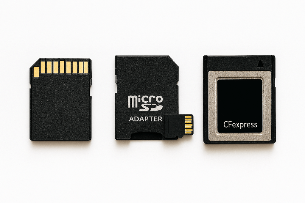 Three different memory cards laid flat on a white surface: SD card, microSD with adapter, and CFexpress card. Clean product photography with soft shadows, professional lighting, top-down view