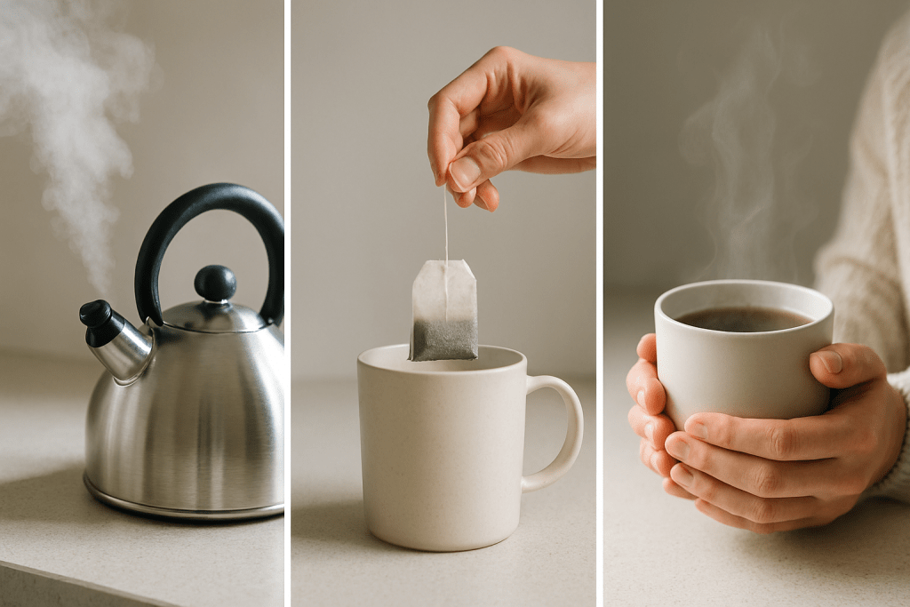 Three-panel sequence showing making tea: left panel shows kettle boiling with steam, middle panel shows teabag dropping into mug, right panel shows hands cupping steaming tea. Clean, simple storytelling, lifestyle photography