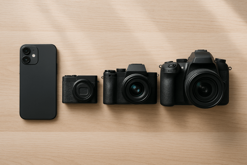Top-down view of different camera types arranged on a light wooden table: smartphone, compact camera, mirrorless camera with lens, and DSLR camera with lens. Clean, organised layout with soft natural window light, professional product photography style