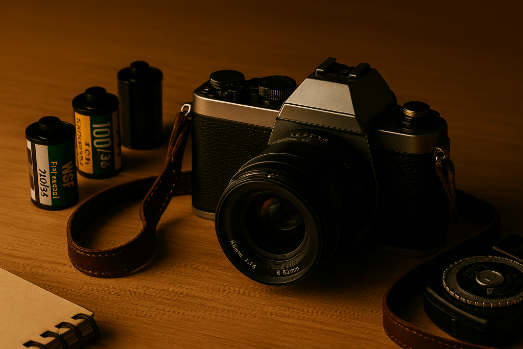 Vintage 35mm film camera with leather strap, next to several rolls of film and a light meter on a wooden desk, warm nostalgic lighting