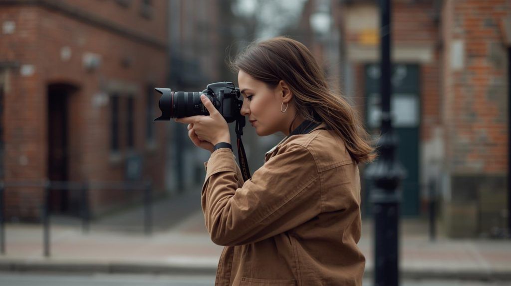 Side view of a photographer demonstrating correct stance, feet shoulder-width apart, elbows tucked into sides, holding camera to eye level, in a urban street photography setting, overcast daylight, wearing a canvas jacket, showing full body posture for stable camera holding technique.