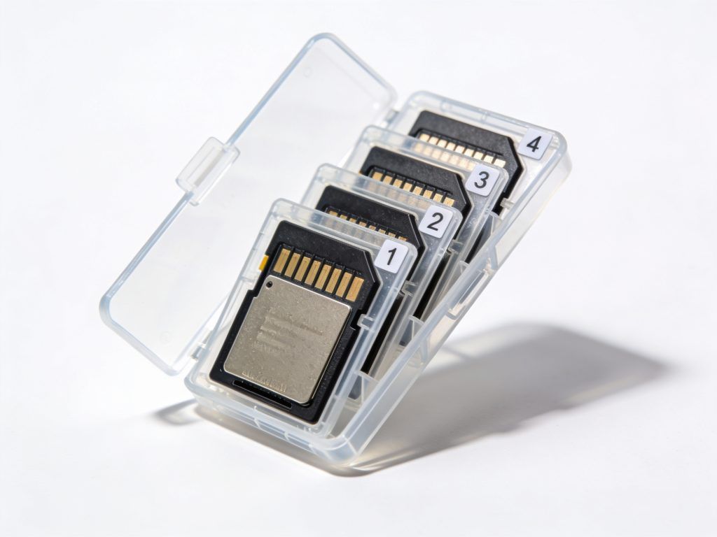 Memory cards stored in a clear plastic protective case, each labelled with numbers. Clean product photography showing organisation, white background