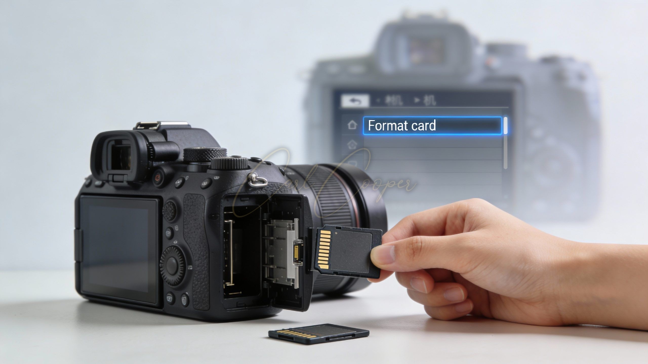 Macro photography of a memory card showing the correct orientation markings, with a small arrow indicating proper insertion direction. Clean product shot with side lighting to show the label and notch details clearly