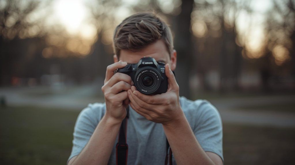 A person in their 30s holding a DSLR camera correctly with both hands, standing in an outdoor park setting during golden hour, showing proper grip technique with elbows tucked in, feet shoulder-width apart, looking through the viewfinder. Demonstrates correct camera holding technique for beginners. The photographer is wearing casual clothing and the camera strap is securely around their neck.