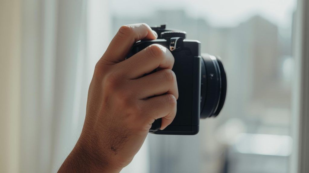 Extreme close-up view of a right hand holding a camera grip correctly, showing finger placement on shutter button and thumb position on back of camera, natural daylight from window, shallow depth of field focusing on the hand, camera is a mid-range DSLR. Illustrates proper right hand positioning for camera holding technique.