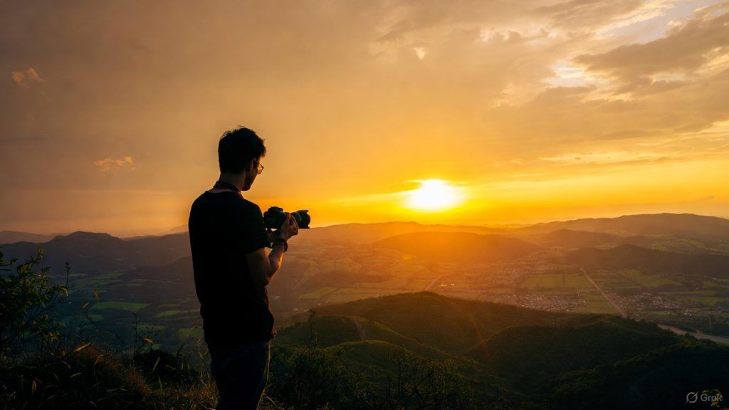 A person with a camera silhouetted against a golden sunrise over rolling hills, peaceful and inspiring, showing photography as an active practice