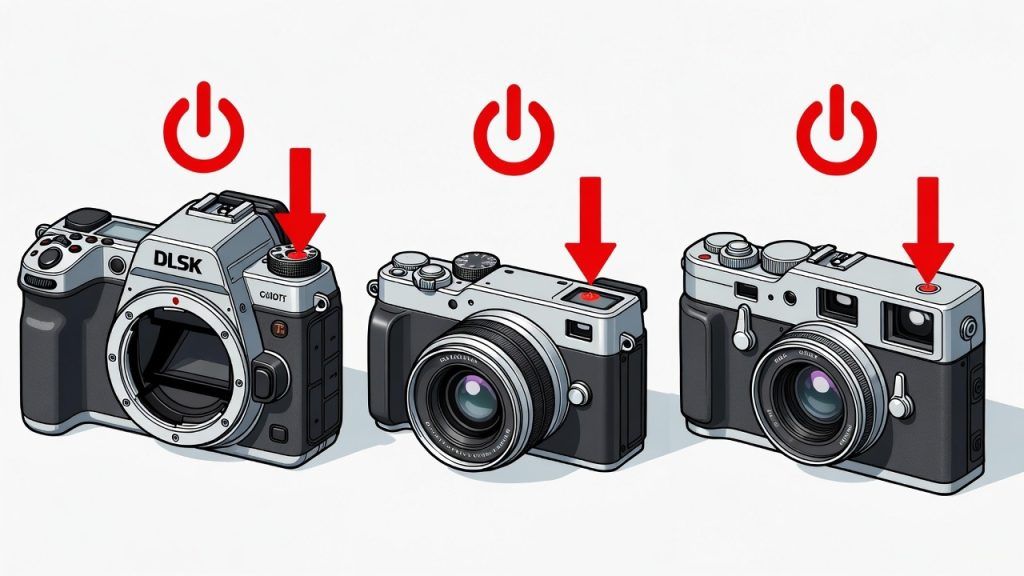 Technical diagram illustration showing three different camera body types with red arrows pointing to power button locations, clean white background, photography education style